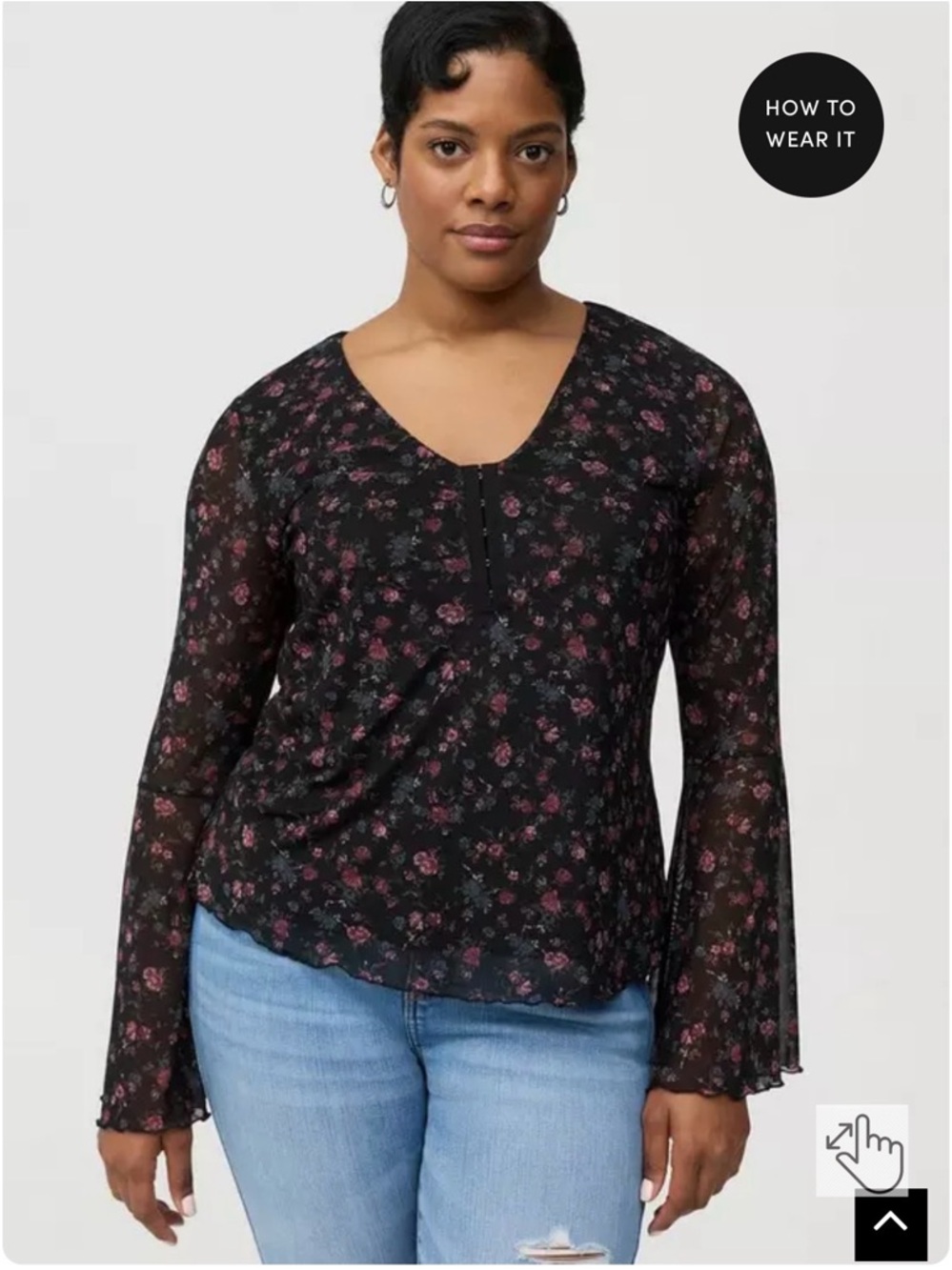 NWT Stretch Mesh V-Neck Bell Sleeve Top Floral Sheer Blouse